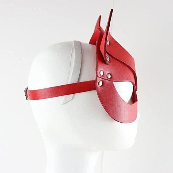 𝅺RED Leather Fetish Masquerade Face Mask Slave Bondage BDSM Costume Cosplay NWT - Picture 4 of 7